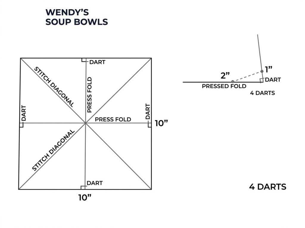 Diagram illustrating the design of Wendy's soup bowls, featuring measurements of 10 inches and specific instructions for darts, folds, and stitch diagonals.