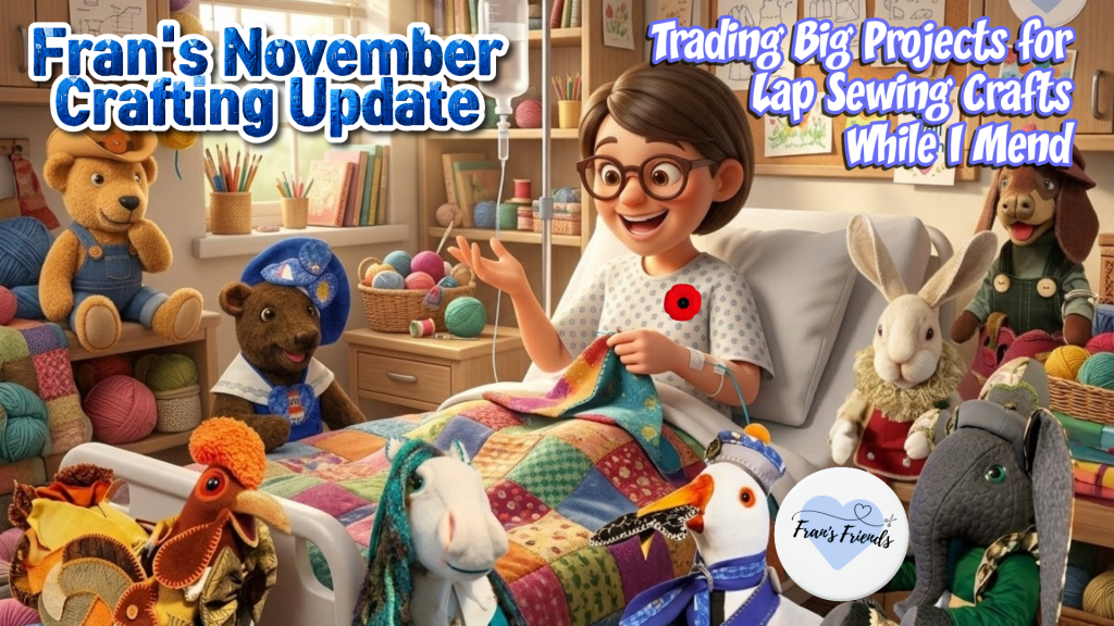 A young girl sitting in a hospital bed is smiling while working on a colorful lap quilt. Surrounding her are various plush animals, including teddy bears and a rabbit, in a cozy crafting room filled with yarn and crafting supplies. Text overlays read 'Fran's November Crafting Update' and 'Trading Big Projects for Lap Sewing Crafts While I Mend.'